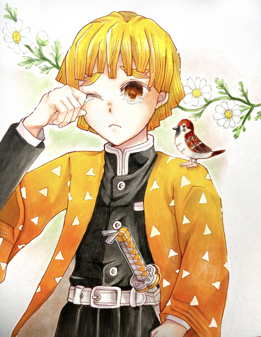 1boy absurdres agatsuma_zenitsu animal animal_on_shoulder belt bird bird_on_shoulder blonde_hair brown_hair buttons closed_mouth crying daisy demon_slayer_uniform flower frown haichies haori highres japanese_clothes katana kimetsu_no_yaiba long_sleeves male_focus marker_(medium) one_eye_closed short_hair solo sparrow sword tears thick_eyebrows traditional_media triangle_print upper_body weapon white_belt white_flower wide_sleeves wiping_tears