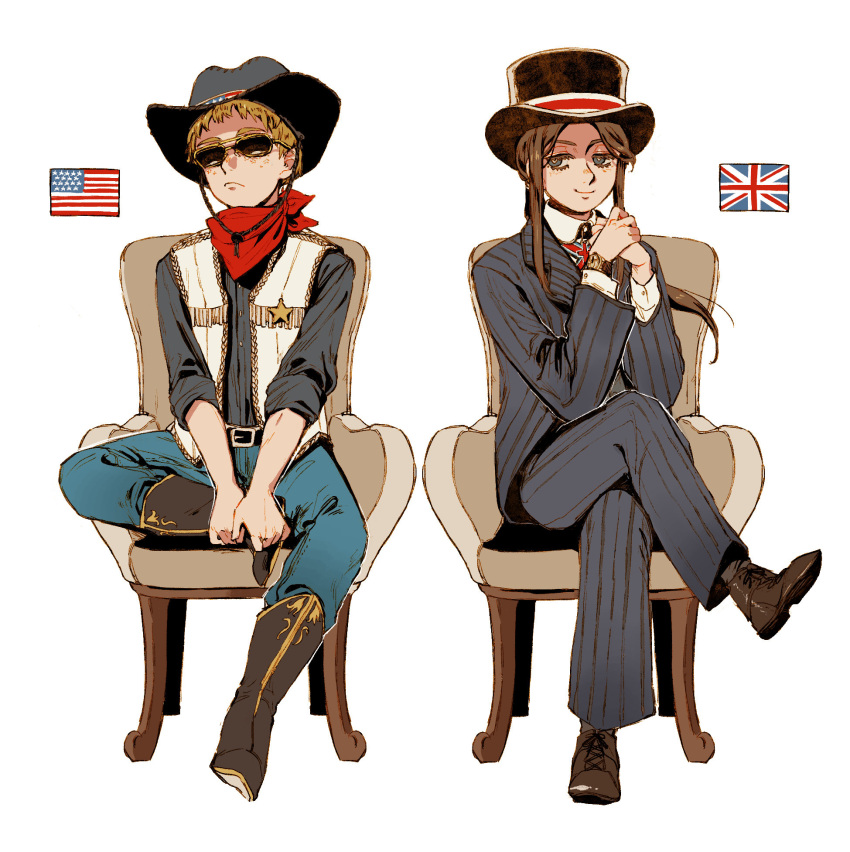 1boy 1girl american_flag boots cowboy cowboy_hat hat highres nanimonothing original pinstripe_pattern pinstripe_suit scarf shoes striped suit sunglasses top_hat union_jack