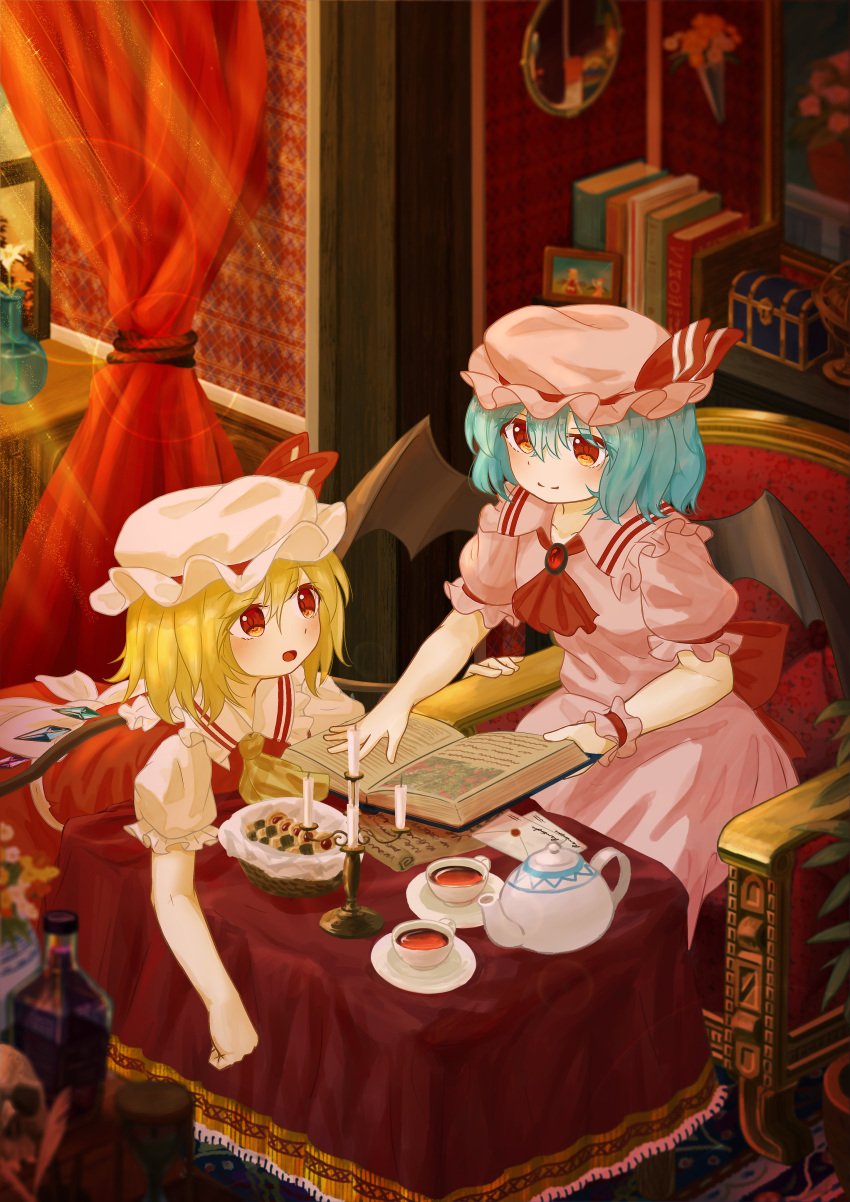 2girls absurdres ascot bat_wings blonde_hair blue_hair blurry blurry_background blurry_foreground book bookshelf bottle brooch candle candlestand closed_mouth collarbone collared_shirt crystal cup curtains depth_of_field ekaapetto envelope flandre_scarlet flower frilled_shirt_collar frilled_sleeves frills glass_bottle hair_between_eyes hat hat_ribbon highres indoors jewelry leaf light_smile looking_at_another looking_at_object mob_cap multicolored_wings multiple_girls open_book open_mouth painting_(object) picture_frame pink_headwear pink_shirt pink_skirt plant potted_plant puffy_short_sleeves puffy_sleeves red_ascot red_brooch red_curtains red_eyes red_ribbon red_skirt red_vest remilia_scarlet ribbon rug saucer shirt short_sleeves siblings sisters sitting skirt skirt_set skull sleeve_ribbon table tablecloth teacup teapot touhou vest wallpaper_(object) white_flower white_headwear white_shirt wings wrist_cuffs yellow_ascot