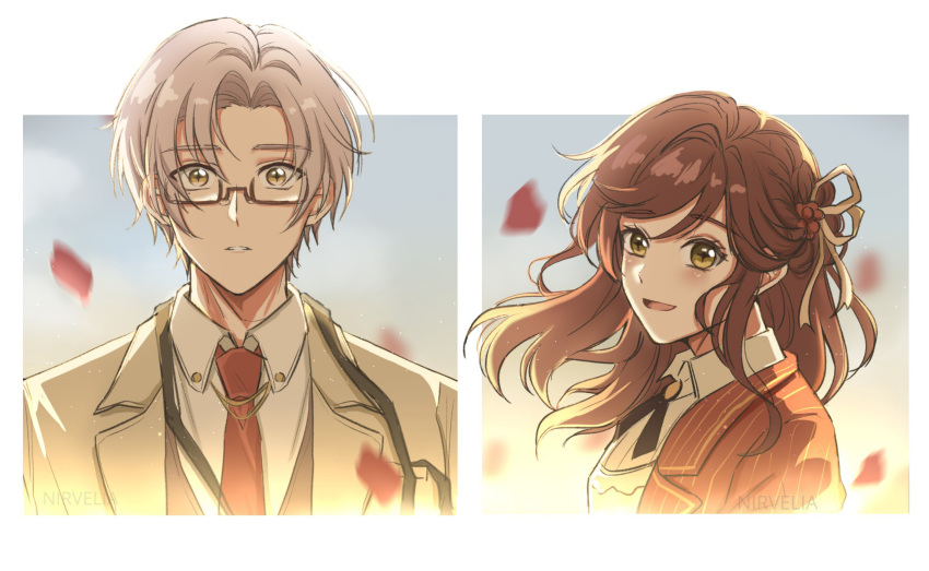 1boy 1girl :d border brown_coat brown_hair coat collared_shirt cropped_torso formal green_eyes hair_ornament highres jacket lanyard long_hair looking_at_viewer necktie nirvelia open_mouth petals red_jacket red_necktie rosa_(tears_of_themis) shirt short_hair smile tears_of_themis upper_body vyn_richter_(tears_of_themis) white_border white_hair white_shirt yellow_eyes