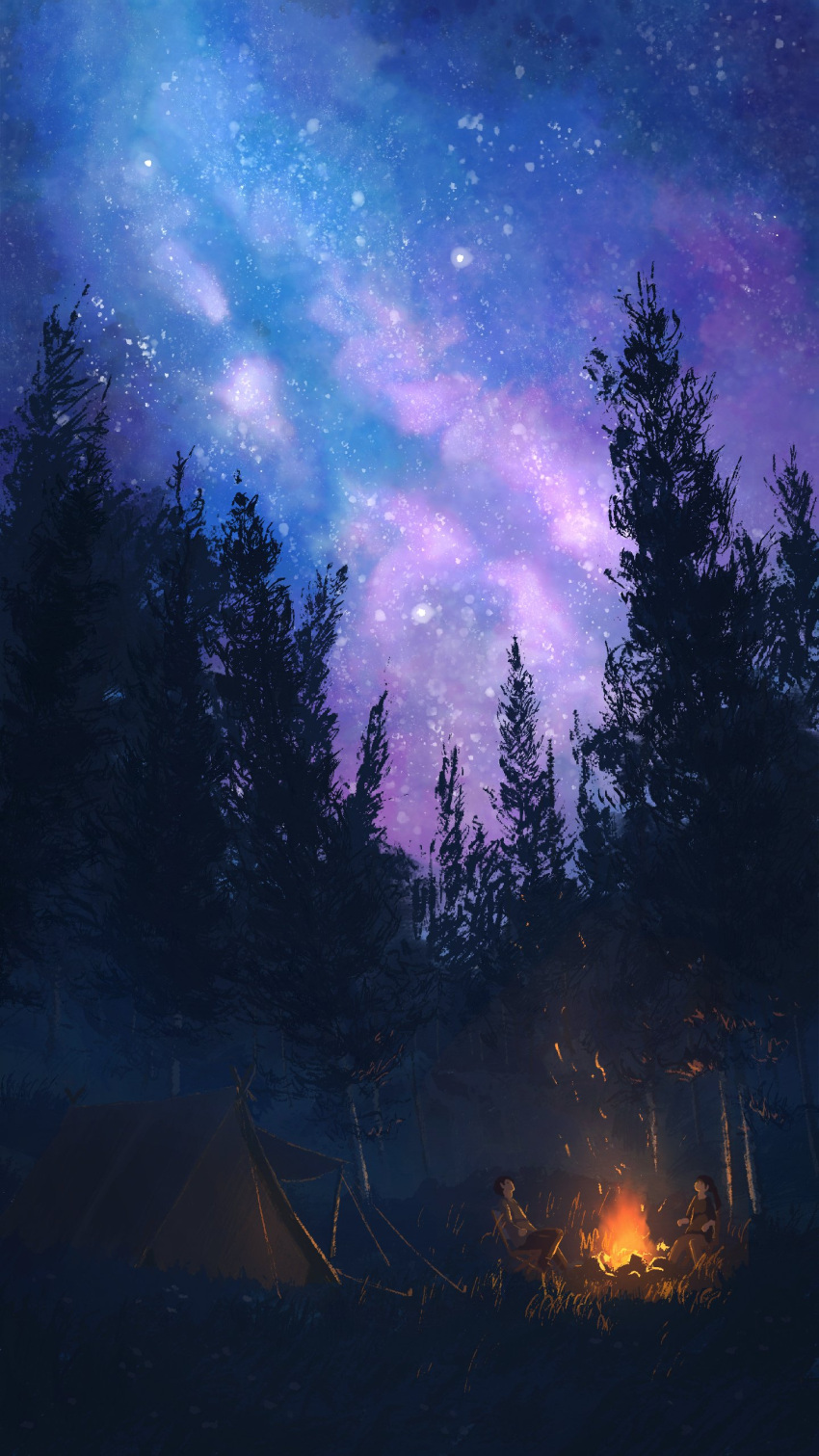 1boy 1girl absurdres adobe blue_sky campfire camping camping_chair faceless faceless_female faceless_male forest grass highres nature night night_sky original pochi_(poti1990) purple_sky scenery sky star_(sky) starry_sky tent tree