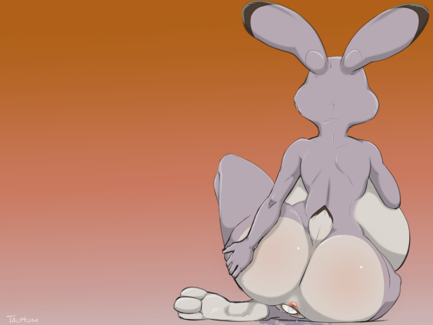 2023 anthro belly big_belly big_butt butt cotton_tail disney egg female fur hand_on_butt hi_res judy_hopps lagomorph leporid mammal nude oviposition pregnant pregnant_anthro pregnant_female rabbit rear_view signature sitting solo tauttum zootopia