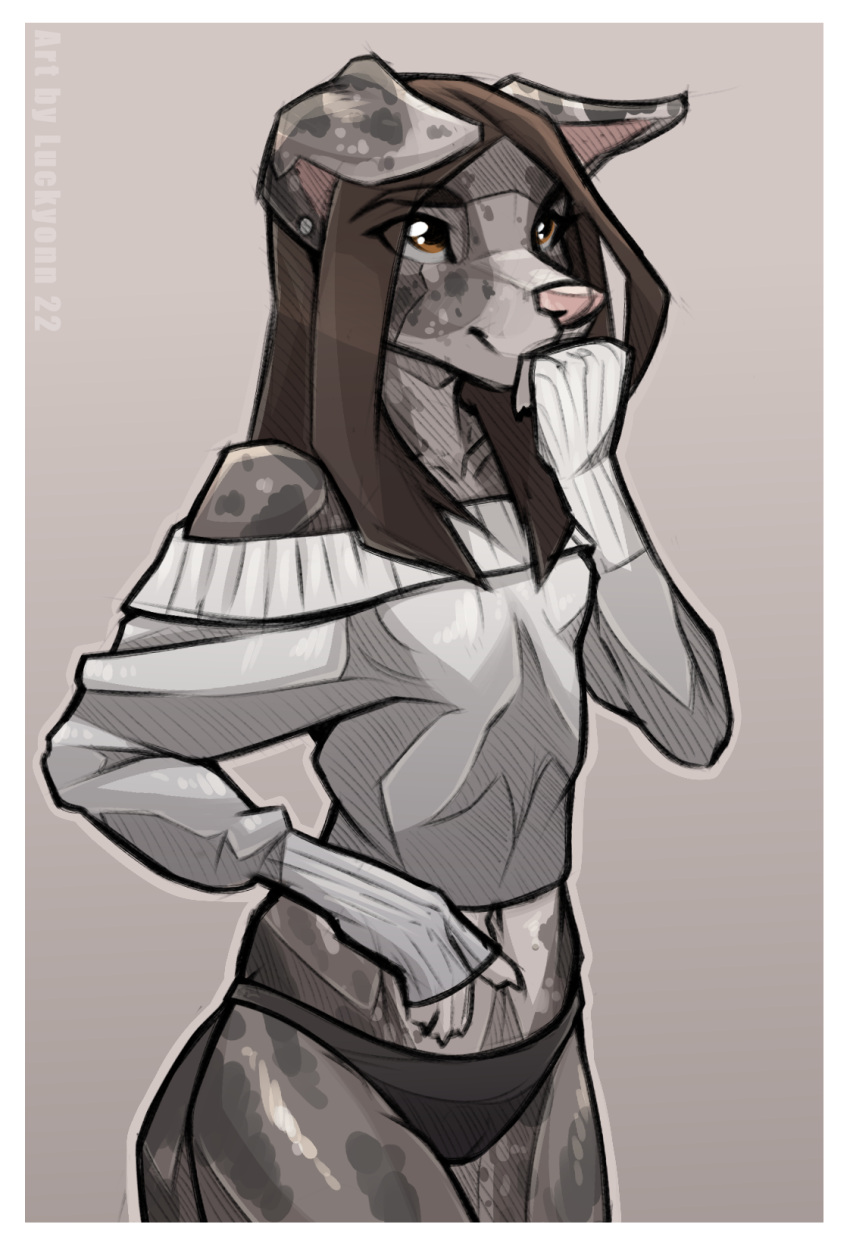 anthro border brown_eyes canid canine canis clothing domestic_dog ear_piercing eye_through_hair female flat_ears hair hand_on_face hi_res luckyonn mammal panties piercing shoulderless_sweater solo sweater topwear translucent translucent_hair underwear white_border