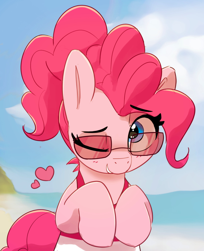 1girl absurdres blue_eyes blue_sky cloud glasses heart highres looking_at_viewer my_little_pony my_little_pony:_friendship_is_magic one_eye_closed outdoors pabbley pink_fur pink_hair pinkie_pie pony_(animal) sky solo upper_body