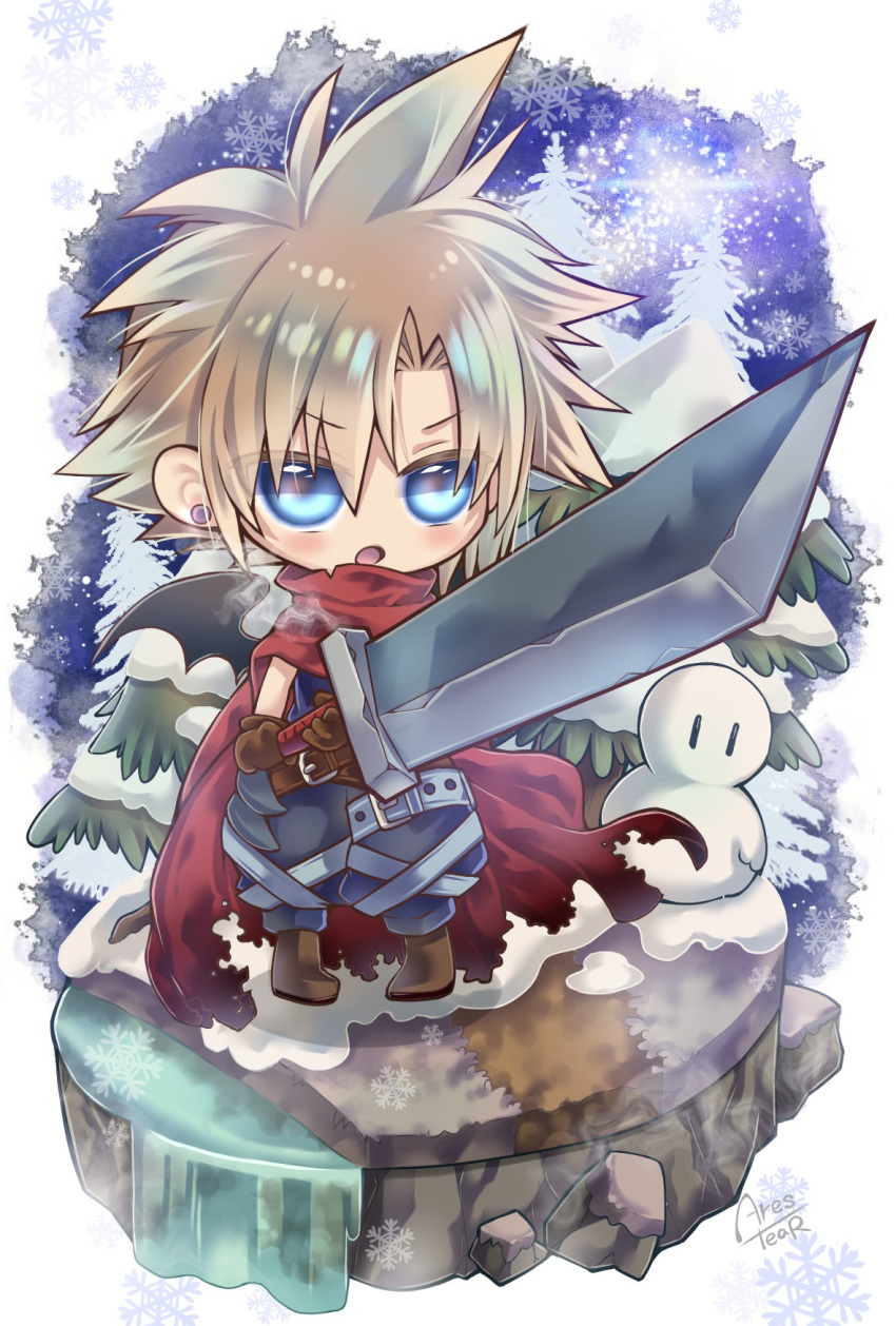 1boy arestear0701 baggy_pants belt blonde_hair blue_eyes blue_pants blue_shirt blush boots brown_footwear brown_gloves buster_sword chibi cloak cloud_strife earrings final_fantasy final_fantasy_vii full_body gloves hair_between_eyes highres holding holding_sword holding_weapon huge_weapon ice jewelry kingdom_hearts male_focus official_alternate_costume open_mouth outdoors pants parted_bangs pine_tree red_cloak shirt short_hair single_earring sleeveless sleeveless_shirt snow snowflakes snowman solo spiked_hair standing sword thigh_belt thigh_strap torn_cloak torn_clothes tree v-shaped_eyebrows weapon