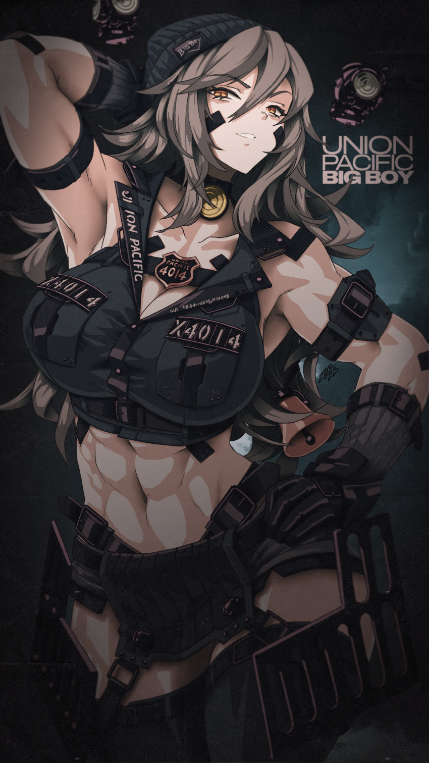 1girl abs absurdres arm_strap arm_up bell belt belt_buckle breasts brown_hair buckle commission crop_top gloves hand_on_own_hip highres large_breasts long_hair looking_at_viewer muscular muscular_female navel orange_eyes original short_shorts shorts signature solo thighhighs zhvo