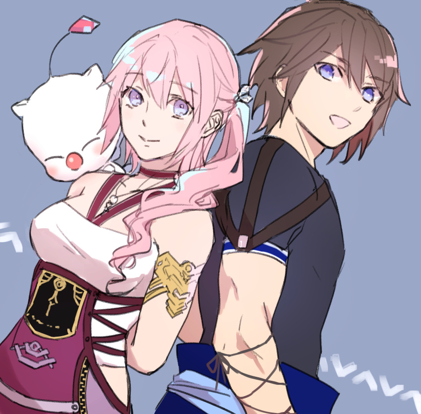 1boy 1girl absurdres blue_eyes closed_mouth collarbone final_fantasy final_fantasy_xiii final_fantasy_xiii-2 hamagurihime highres jewelry long_hair looking_at_viewer moogle necklace noel_kreiss open_mouth pink_hair serah_farron side_ponytail simple_background skirt smile