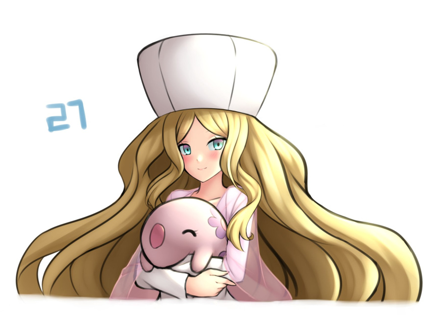 blonde_hair blue_eyes caitlin_(pokemon) cape closed_mouth dress hat highres holding holding_pokemon long_hair long_sleeves munna pinguinkotak pink_cape pink_dress pokemon pokemon_(creature) pokemon_(game) pokemon_bw see-through see-through_cape smile very_long_hair white_background white_headwear