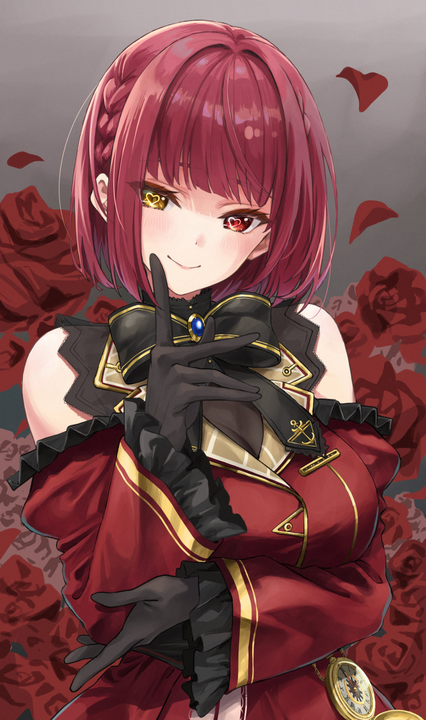 1girl absurdres anno_masato arm_under_breasts bangs black_bow black_gloves blue_gemstone blunt_bangs blush bodystocking bow braid breasts closed_mouth coat commentary detached_sleeves flower french_braid frilled_sleeves frills gem gloves gold_trim gradient_background grey_background hair_intakes heart heart-shaped_pupils heterochromia highres hololive houshou_marine looking_at_viewer medium_breasts official_alternate_costume official_alternate_hairstyle pocket_watch red_coat red_eyes red_hair rose short_hair simple_background smile solo symbol-shaped_pupils upper_body virtual_youtuber watch yellow_eyes
