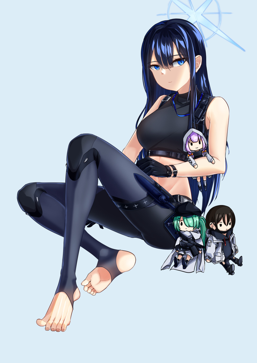 1girl absurdres bare_arms bare_shoulders black_gloves black_pants black_shirt blue_archive blue_background blue_eyes blue_hair breasts character_doll character_request commentary_request crop_top gloves groin highres kipdrew large_breasts leggings long_hair looking_at_viewer midriff no_headwear pants saori_(blue_archive) shirt simple_background sitting sleeveless sleeveless_shirt smile solo stomach thighs very_long_hair