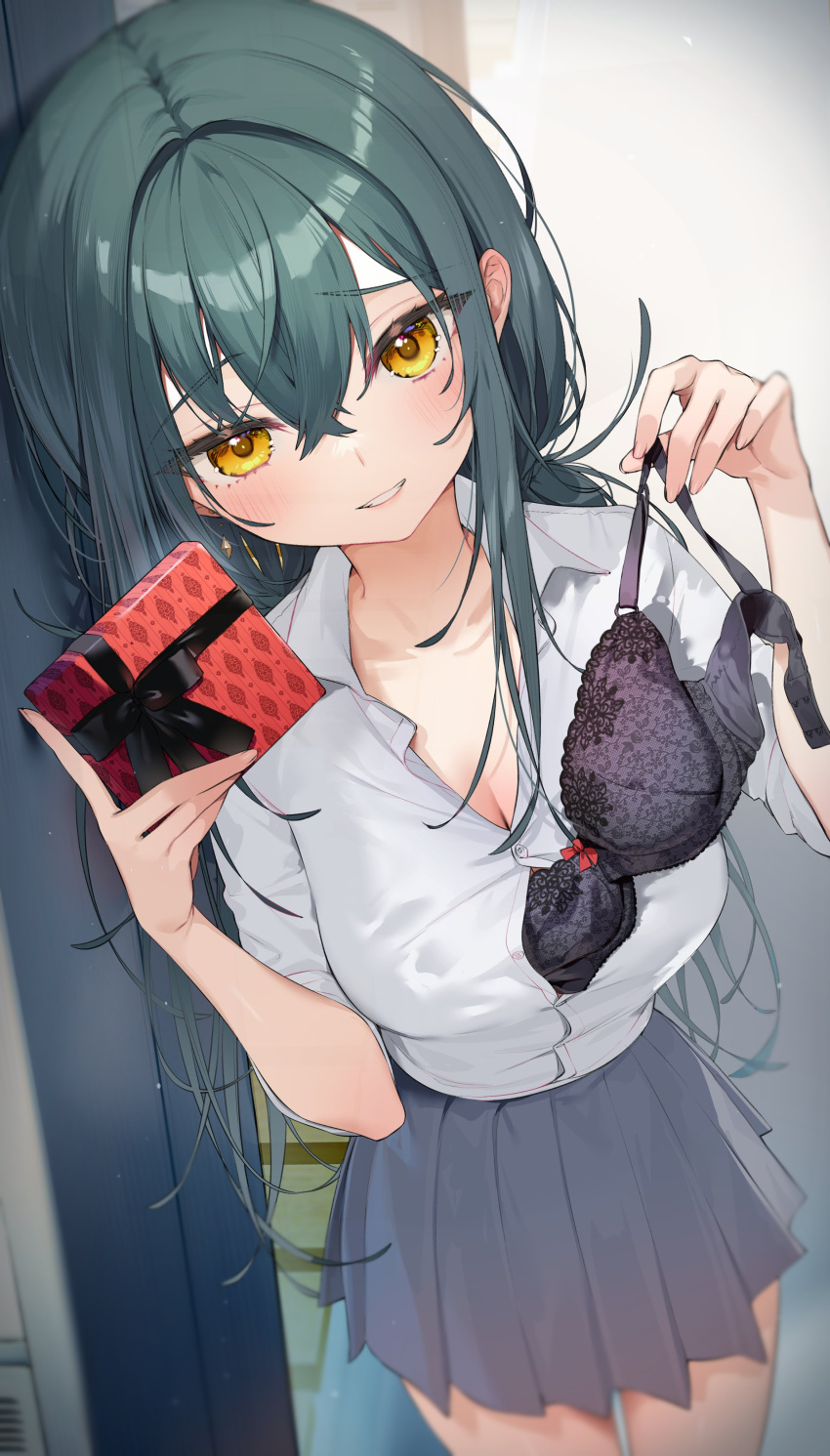 1girl absurdres black_bow black_bra black_ribbon blue_hair blush bow box box_of_chocolates bra bra_removed breasts cleavage collared_shirt commentary_request crossed_bangs gift gift_box green_hair grey_skirt grin hair_between_eyes hair_intakes highres holding holding_box holding_bra holding_clothes holding_gift holding_underwear incoming_gift indoors itohana large_breasts long_hair looking_at_viewer original partially_undressed pleated_skirt removing_bra_under_shirt ribbon school_uniform shirt sidelocks skirt smile solo underwear undressing valentine white_shirt yellow_eyes