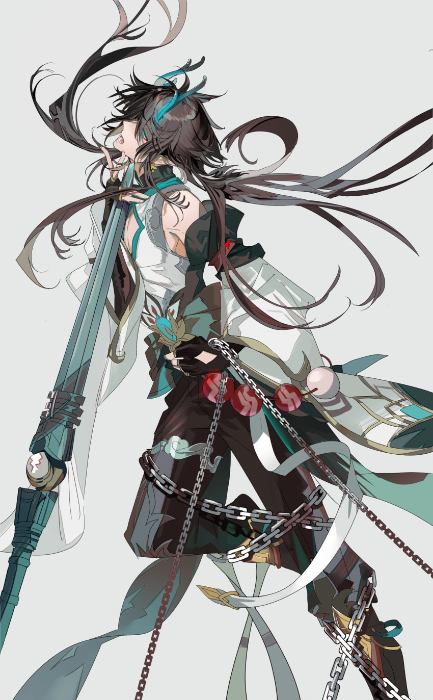 1boy bare_shoulders black_gloves black_hair chain chinese_clothes dan_heng_(honkai:_star_rail) dan_heng_(imbibitor_lunae)_(honkai:_star_rail) detached_sleeves dragon dragon_boy dragon_horns earrings elbow_gloves fingerless_gloves gloves green_eyes green_horns grey_shirt hair_between_eyes highres honkai:_star_rail honkai_(series) horns jewelry long_hair long_sleeves male_focus open_mouth pointy_ears polearm profile red_eyeliner shirt simple_background single_earring sleeves_past_elbows solardark09 solo spear traditional_clothes weapon white_sleeves