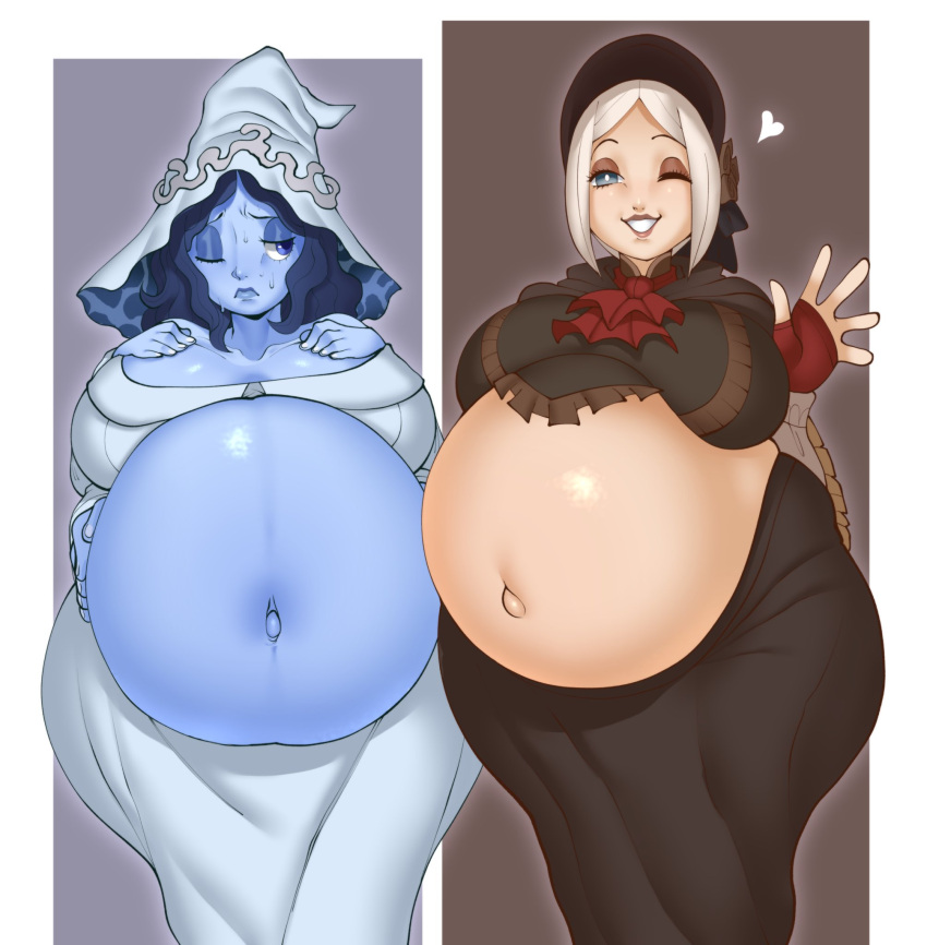 2girls bloodborne breasts elden_ring hat hellbrain highres lips looking_at_viewer multiple_girls plain_doll pregnant ranni_the_witch smile stomach teeth witch_hat