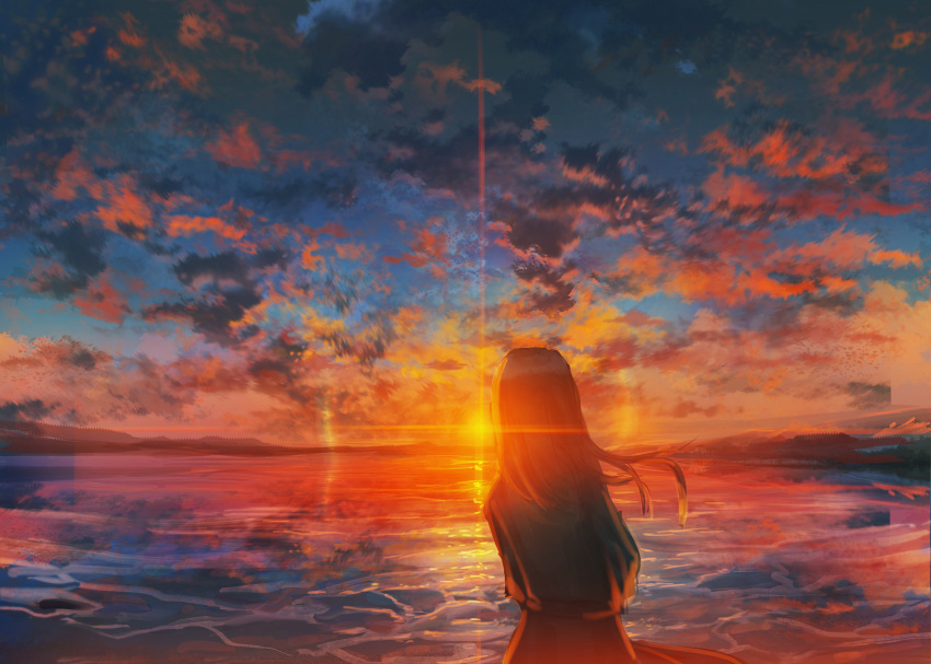 1girl blue_sky cloud cloudy_sky commentary cowboy_shot evening floating_hair from_behind highres kenzo_093 lake long_hair mountainous_horizon orange_clouds original outdoors scenery sky solo standing sun sunset water