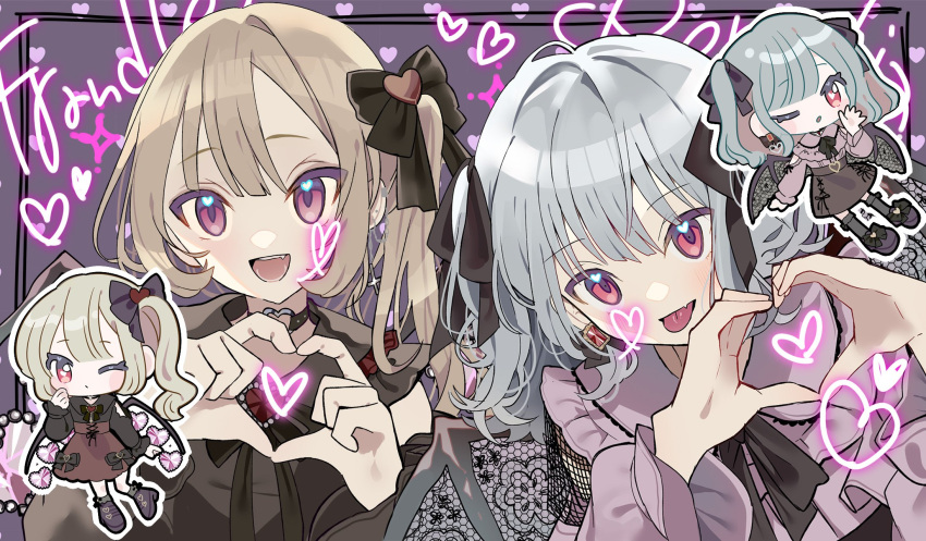 2girls alternate_costume black_ribbon blonde_hair flandre_scarlet hair_ribbon heart heart_hands highres jirai_kei multiple_girls one_eye_closed one_side_up open_mouth remilia_scarlet ribbon siblings sisters tamagogayu1998 tongue tongue_out touhou two_side_up