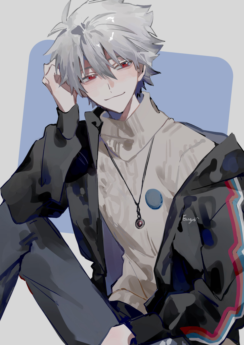 1boy absurdres artist_name bangs black_hoodie blue_background blush border closed_mouth grey_border grey_hair grey_pants grey_sweater hair_between_eyes hand_up highres hood hoodie jewelry long_sleeves looking_to_the_side male_focus mogutofuoes nagisa_kaworu necklace neon_genesis_evangelion open_clothes open_hoodie outside_border pants puffy_long_sleeves puffy_sleeves red_eyes short_hair simple_background sitting smile solo sweater turtleneck turtleneck_sweater