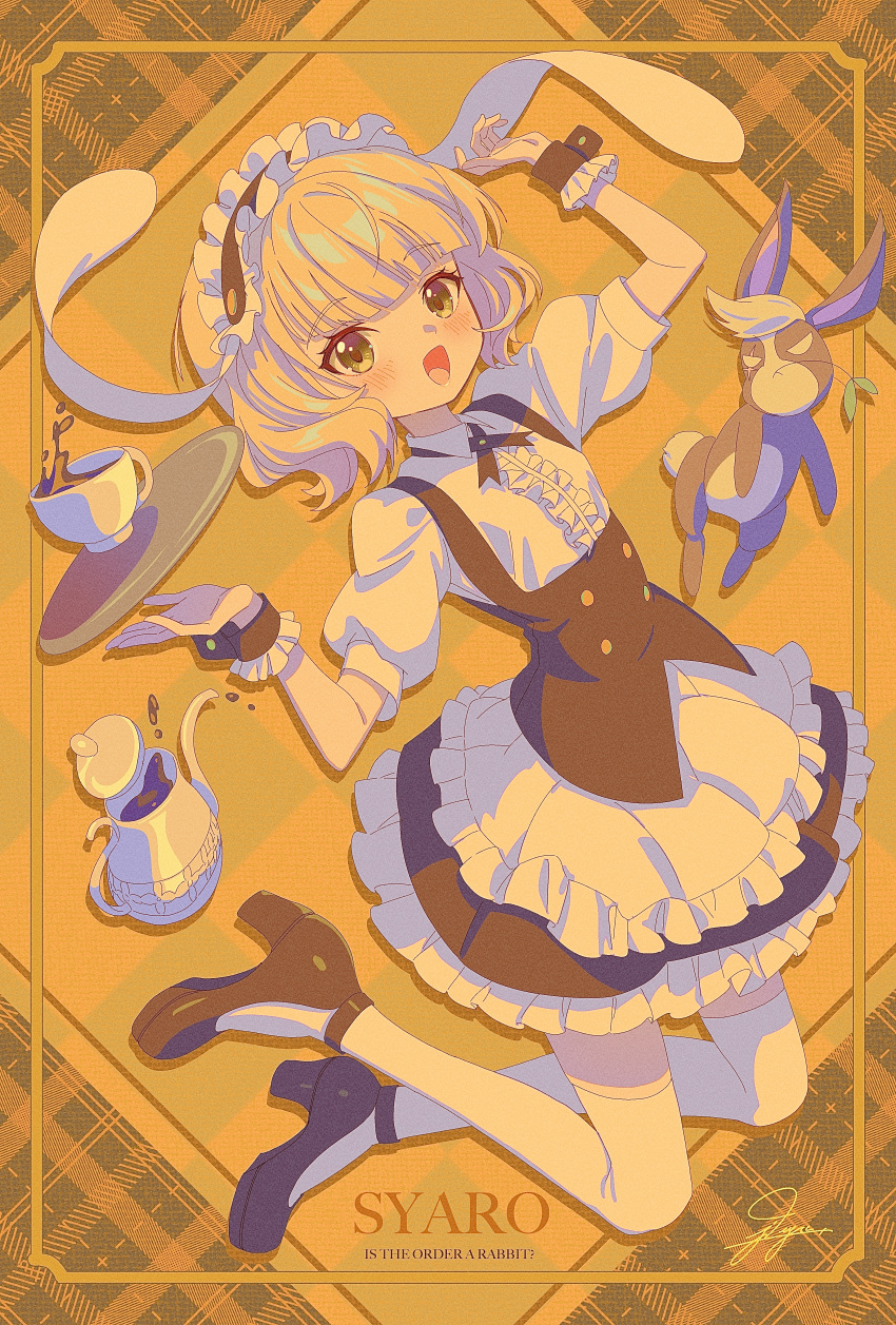 1girl absurdres animal animal_ears apron black_dress black_footwear blonde_hair blush coffee collared_shirt cup dress fake_animal_ears fleur_de_lapin_uniform floppy_ears frilled_apron frilled_dress frills full_body gochuumon_wa_usagi_desu_ka? green_eyes highres jdge kirima_syaro looking_at_viewer open_mouth puffy_short_sleeves puffy_sleeves rabbit rabbit_ears shirt shoes short_hair short_sleeves smile solo thighhighs tray white_apron white_shirt white_thighhighs wild_geese wrist_cuffs