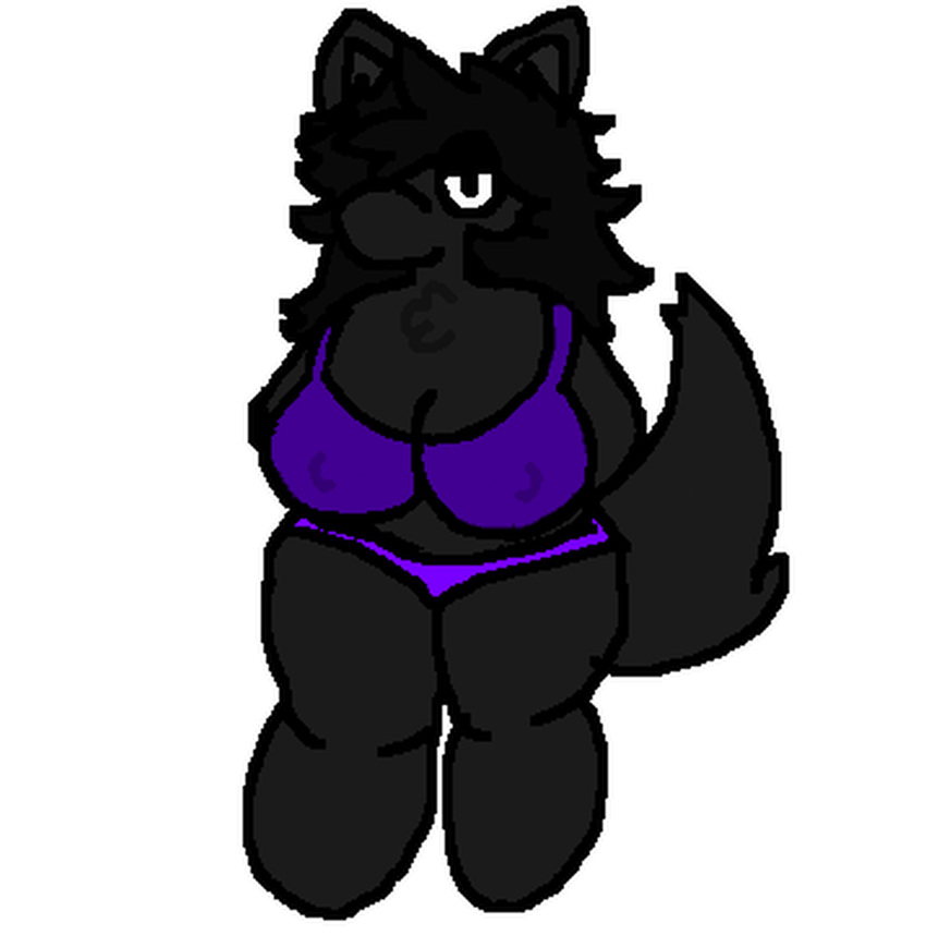 absurd_res big_breasts black_hair bra breasts canid canine canis clothing female hair hi_res mammal panties purp purple_bra purple_clothing purple_goober purple_panties purple_underwear slightly_chubby spiky_hair thick_thighs underwear wolf