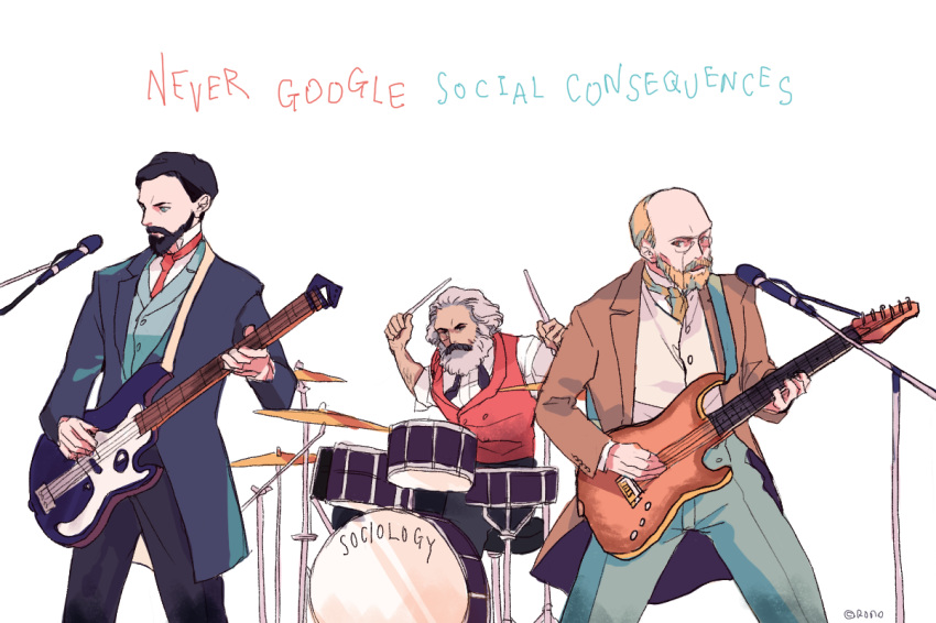 3boys band black_hair character_request drum drum_set drumming drumsticks emile_durkheim english_text facial_hair guitar holding holding_drumsticks instrument karl_marx m0n7e_carl0 male_focus mature_male max_weber monocle multiple_boys real_life science white_background