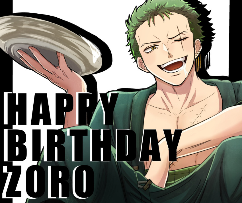 1boy alcohol choko_(cup) cup green_hair green_kimono happy_birthday highres japanese_clothes kimono male_focus one_piece roronoa_zoro sake scar scar_across_eye short_hair smile solo upper_body yaiyai123uma