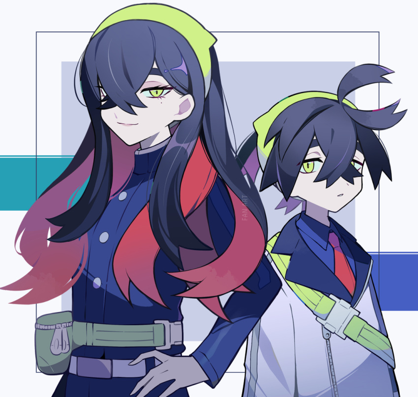 1boy 1girl belt belt_buckle black_hair blue_jacket blue_pants blue_shirt brother_and_sister buckle buttons carmine_(pokemon) closed_mouth collared_shirt commentary_request eyelashes fanny_pack green_bag green_hairband hair_over_one_eye hairband hand_on_own_hip jacket kieran_(pokemon) long_hair mole mole_under_eye necktie pants pokemon pokemon_(game) pokemon_sv sasa_kado_(redbluemoon74) shirt siblings smile strap yellow_eyes