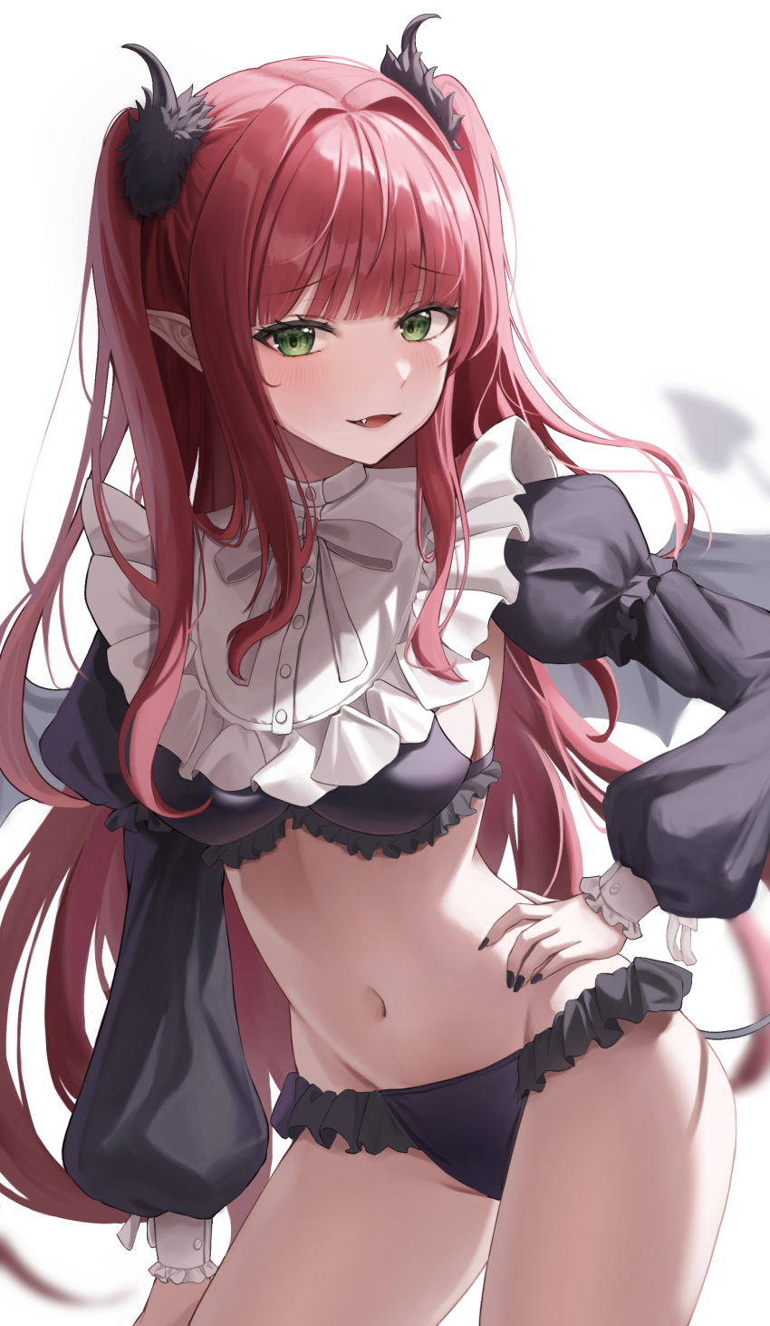 1girl absurdres bangs black_bra black_nails black_panties black_wings blunt_bangs blush bra breasts commentary cosplay demon_girl demon_horns demon_tail demon_wings fang fingernails frilled_panties frilled_shirt_collar frills green_eyes hair_intakes hand_on_hip highres hini_ni horns kitagawa_marin long_fingernails long_hair long_sleeves looking_at_viewer navel open_mouth panties pointy_ears puffy_long_sleeves puffy_sleeves red_hair rizu-kyun rizu-kyun_(cosplay) shirt sideboob simple_background smile solo sono_bisque_doll_wa_koi_wo_suru stomach tail two_side_up underwear white_background white_shirt wings