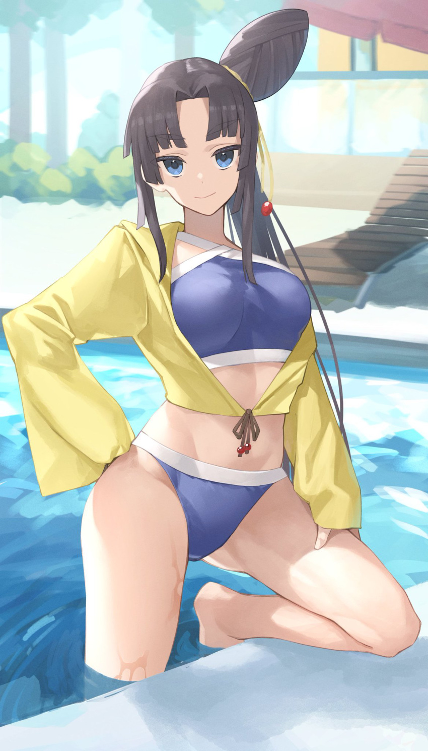 1girl ao_tsukushi bare_shoulders bikini black_hair blue_bikini blue_eyes breasts collarbone fate/grand_order fate_(series) hair_bun highres jacket long_hair long_sleeves looking_at_viewer medium_breasts navel parted_bangs pool poolside side_ponytail sidelocks single_side_bun smile solo swimsuit thighs ushiwakamaru_(fate) ushiwakamaru_(swimsuit_assassin)_(fate) ushiwakamaru_(swimsuit_assassin)_(first_ascension)_(fate) very_long_hair water yellow_jacket