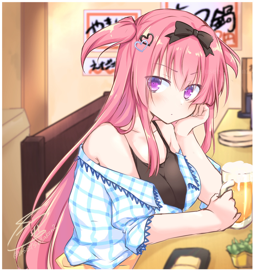1girl absurdres alcohol arm_support bare_shoulders beer beer_mug black_bow black_shirt blue_jacket blush bow breasts cleavage closed_mouth commentary_request cup eyes_visible_through_hair frown futamata_ren'ai hair_between_eyes hair_bow hair_ornament hand_on_own_cheek hand_on_own_face head_rest heart heart_hair_ornament highres indoors jacket large_breasts leaning_forward long_hair looking_at_viewer mikoshiba_rui mug off_shoulder pink_hair plaid plaid_jacket purple_eyes shirt sidelocks signature sitting sleeveless sleeveless_shirt solo straight_hair twitter_username two_side_up upper_body usetsusakon2 v-shaped_eyebrows very_long_hair
