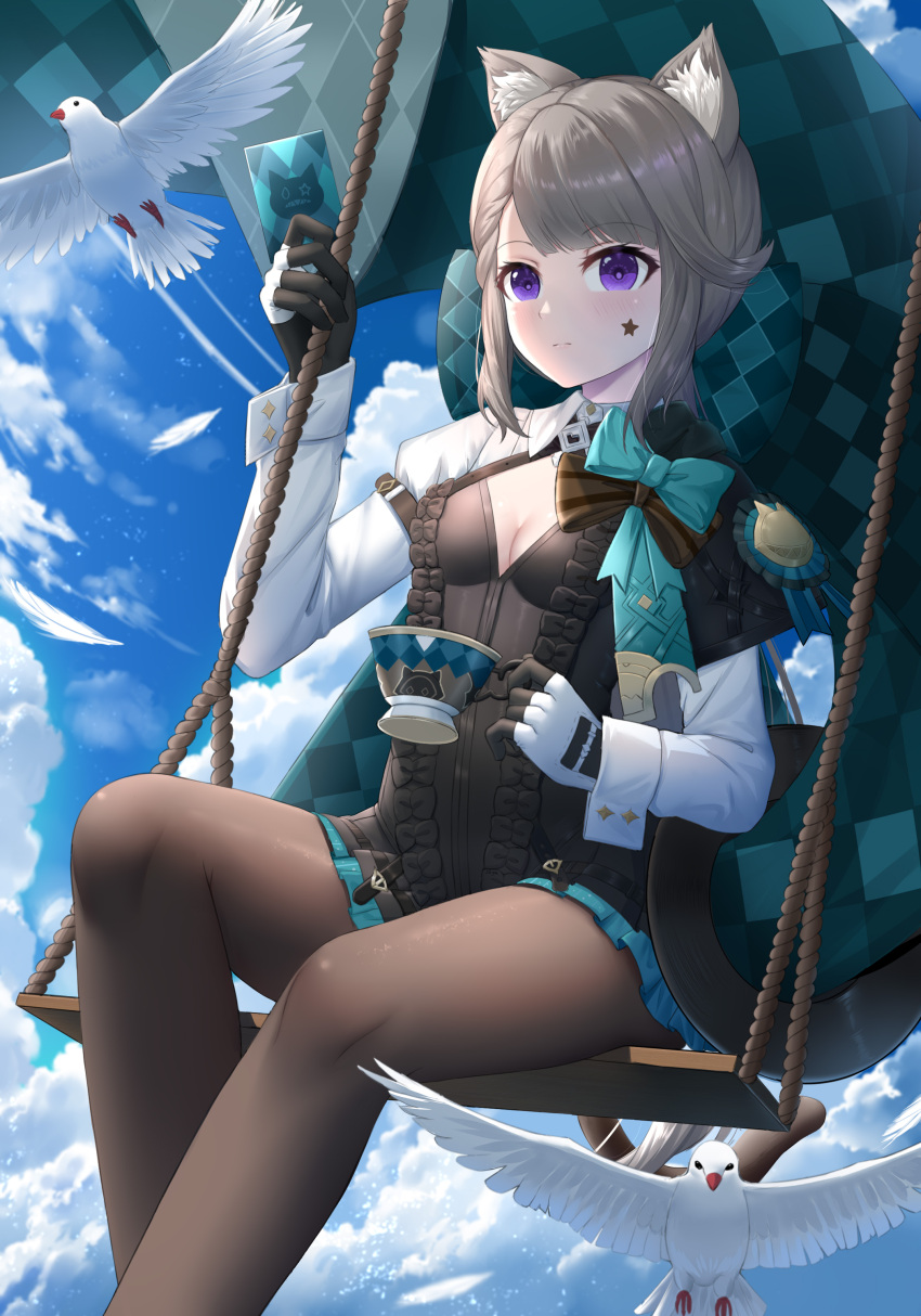 1girl absurdres animal_ear_fluff animal_ears aqua_bow bird blue_sky bow breasts card cat_ears cleavage cleavage_cutout clothing_cutout cloud commentary_request cup day facial_mark feet_out_of_frame genshin_impact gloves grey_hair highres holding holding_cup long_hair looking_at_viewer lynette_(genshin_impact) pantyhose purple_eyes shrug_(clothing) sitting sky skym_(kumei) solo star_(symbol) swing teacup thighs very_long_hair