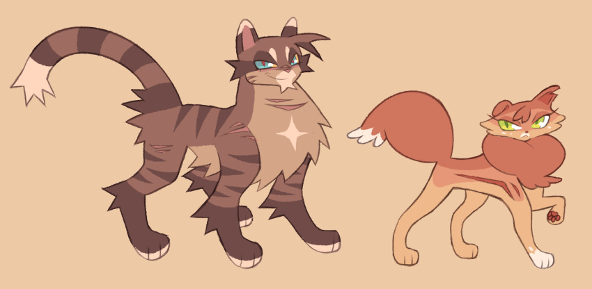 blue_eyes bramblestar_(warriors) brown_body brown_fur domestic_cat duo felid feline felis female feral fur green_eyes hi_res labbit1337 male mammal model_sheet orange_body orange_fur scar squirrelflight_(warriors) warriors_(cats)