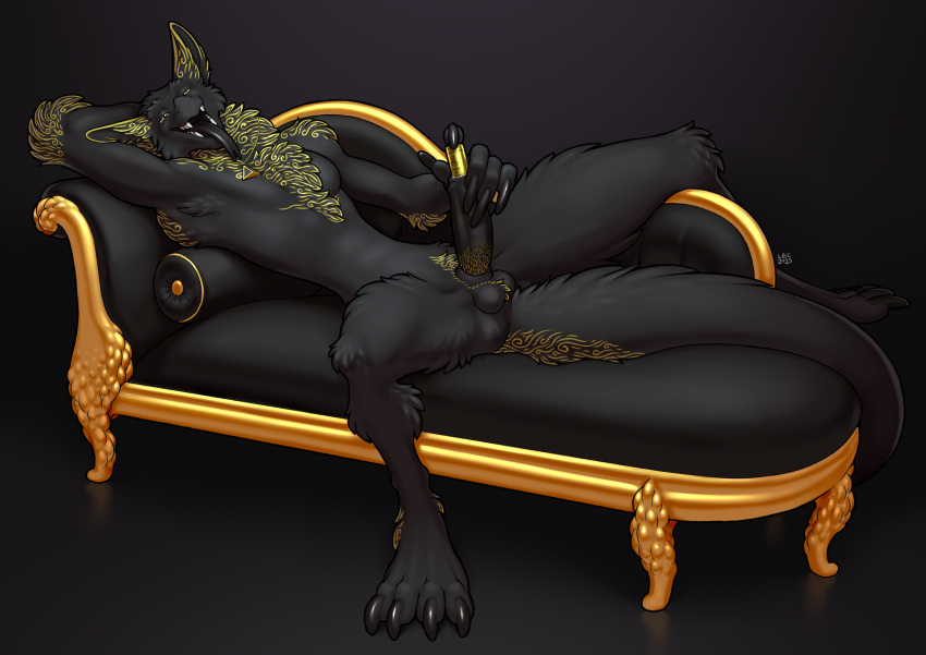 2023 absurd_res anthro balls digitigrade forked_tongue furniture genitals hi_res longblueclaw lying male nude on_back open_mouth radiation_symbol sergal simple_background sofa solo spread_legs spreading symbol tongue tongue_out urethral