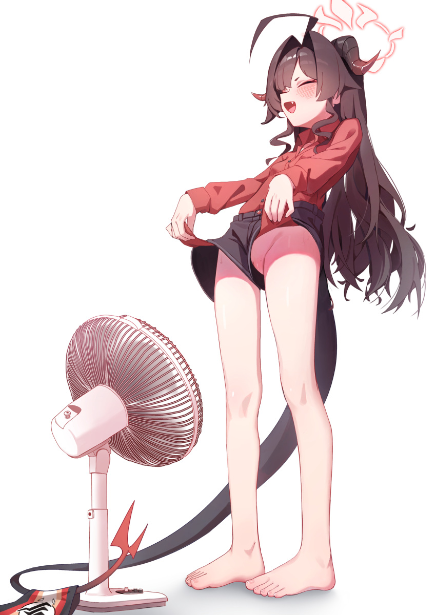 1girl absurdres ahoge bare_legs black_hair blue_archive blush closed_eyes demon_horns halo highres horns kasumi_(blue_archive) long_hair open_mouth orange_halo red_shirt shirt shorts simple_background smile solo tail white_background whonyang