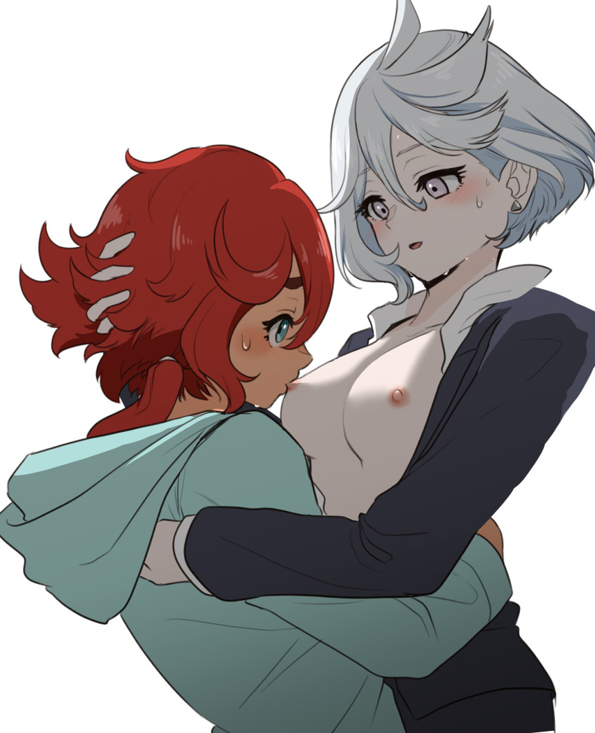 2girls breast_sucking breasts grey_hair gundam gundam_suisei_no_majo hand_on_another's_head highres hood hood_down hug medium_breasts miorine_rembran multiple_girls nieto_tokage nipples open_clothes open_shirt red_hair short_hair simple_background suletta_mercury sweat upper_body yuri