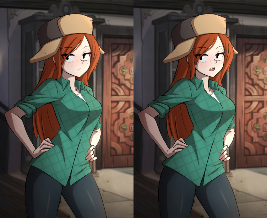 1girl absurdres animification breasts english_commentary flannel freckles fur_hat gravity_falls green_eyes hands_on_hips hat highres indoors long_hair looking_at_viewer medium_breasts open_mouth patrickdja red_hair shirt sleeves_rolled_up standing ushanka wendy_corduroy