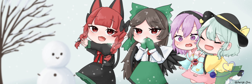 4girls :d adapted_costume animal_ears ao_orin_ringo arms_up bare_tree black_dress black_hair blue_shirt blunt_bangs blush braid cat_ears cat_tail chibi commentary_request dress extra_ears fang green_hair green_skirt hands_up happy heart heart_of_string highres hug kaenbyou_rin komeiji_koishi komeiji_satori long_hair mittens multiple_girls multiple_tails nekomata open_mouth pink_skirt pointy_ears purple_eyes purple_hair red_eyes red_hair reiuji_utsuho shirt siblings sisters skin_fang skirt smile snowing snowman tail third_eye touhou tree twin_braids two_tails very_long_hair winter winter_clothes yellow_shirt