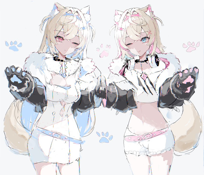 2girls absurdres animal_ear_fluff animal_ears belt belt_collar black_collar blonde_hair blue_belt blue_eyes blue_hair breasts cleavage cleavage_cutout clothing_cutout collar colored_inner_hair cropped_jacket cropped_shirt dog_ears dog_girl dog_tail dress flat_chest frilled_shorts frills fuwawa_abyssgard headphones headphones_around_neck highres hololive hololive_english hurybone ibispaint_(medium) large_breasts midriff mococo_abyssgard multicolored_hair multiple_girls navel one_eye_closed pink_belt pink_eyes pink_hair shirt short_shorts shorts siblings sisters streaked_hair tail twins virtual_youtuber white_background white_dress white_shirt white_shorts