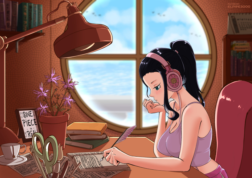 1girl black_hair blue_eyes blue_sky book bookshelf breasts camisole chair cleavage cosplay cup day desk elbow_rest elpipe_3000 flower_pot from_side head_rest headphones high_ponytail highres holding holding_quill indoors lamp large_breasts lofi_girl lofi_girl_(cosplay) lofi_girl_(youtube) looking_down nico_robin one_piece pink_headphones profile quill round_window scissors sitting sky solo teacup window writing