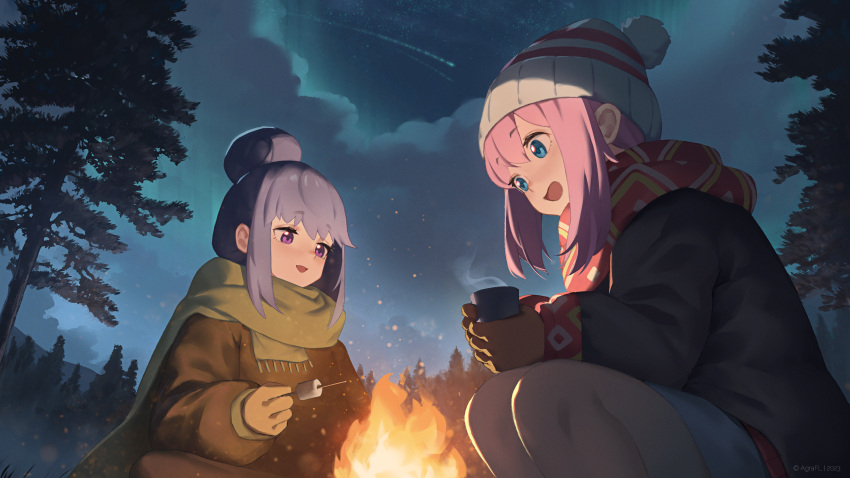 2girls absurdres agrafl beanie blue_eyes blue_hair brown_gloves campfire gloves green_scarf hat highres kagamihara_nadeshiko long_hair long_sleeves multiple_girls night open_mouth outdoors pink_hair purple_eyes scarf shima_rin smile twitter_username white_headwear yurucamp