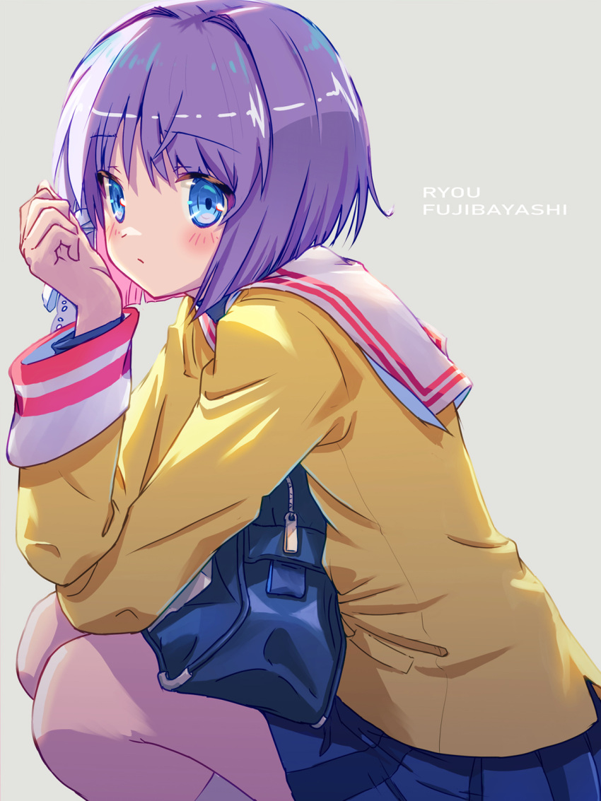 1girl akayama_yukihe backlighting blue_eyes blue_skirt blush bob_cut character_name clannad clenched_hand closed_mouth commentary_request cowboy_shot crossed_arms eyes_visible_through_hair frown fujibayashi_ryou grey_background hair_between_eyes hair_intakes hand_up highres hikarizaka_private_high_school_uniform jacket long_sleeves looking_at_viewer medium_hair miniskirt pleated_skirt purple_hair sailor_collar school_uniform simple_background skirt solo squatting white_sailor_collar yellow_jacket