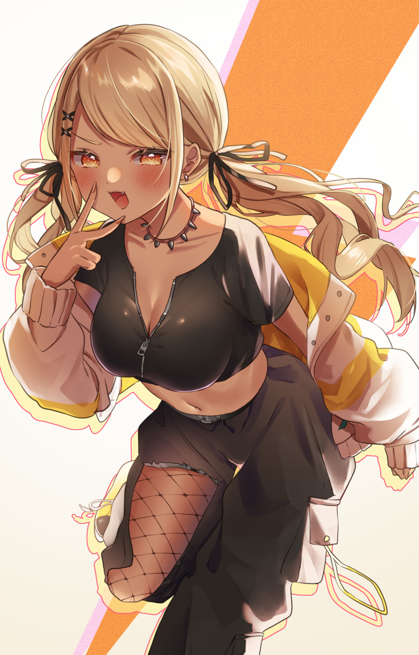 1girl absurdres black_pants black_ribbon black_shirt blonde_hair breasts cleavage crop_top dark-skinned_female dark_skin earrings fang fishnet_pantyhose fishnets gyaru hair_ornament hair_ribbon heart heart-shaped_pupils highres jacket jewelry kaminari_qpi long_hair looking_at_viewer low_twintails medium_breasts multicolored_clothes multicolored_jacket navel necklace off_shoulder open_clothes open_jacket orange_eyes orange_nails pants pantyhose pome_charo ribbon shirt solo swept_bangs symbol-shaped_pupils tooth_necklace torn_clothes torn_pants twintails two-tone_jacket v v_over_mouth very_long_hair virtual_youtuber vspo! white_jacket x_hair_ornament yellow_jacket zipper zipper_pull_tab