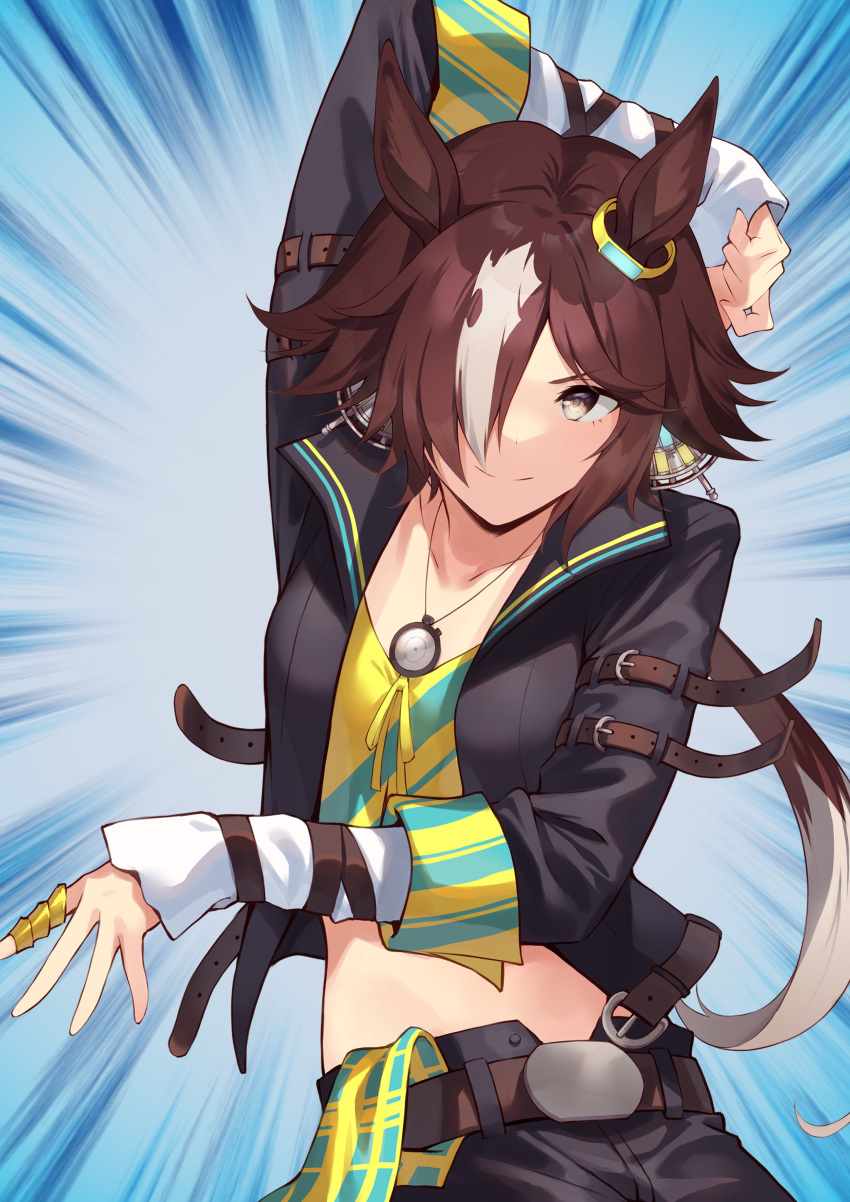 1girl absurdres animal_ears arm_up black_jacket black_pants brown_eyes brown_hair closed_mouth commentary_request ear_ornament highres horse_ears horse_girl jacket long_hair long_sleeves looking_at_viewer midriff motsunabe_(mo2nap3) multicolored_hair pants ponytail shirt smile solo stopwatch stopwatch_around_neck streaked_hair sunburst sunburst_background umamusume vodka_(umamusume) white_hair yellow_shirt