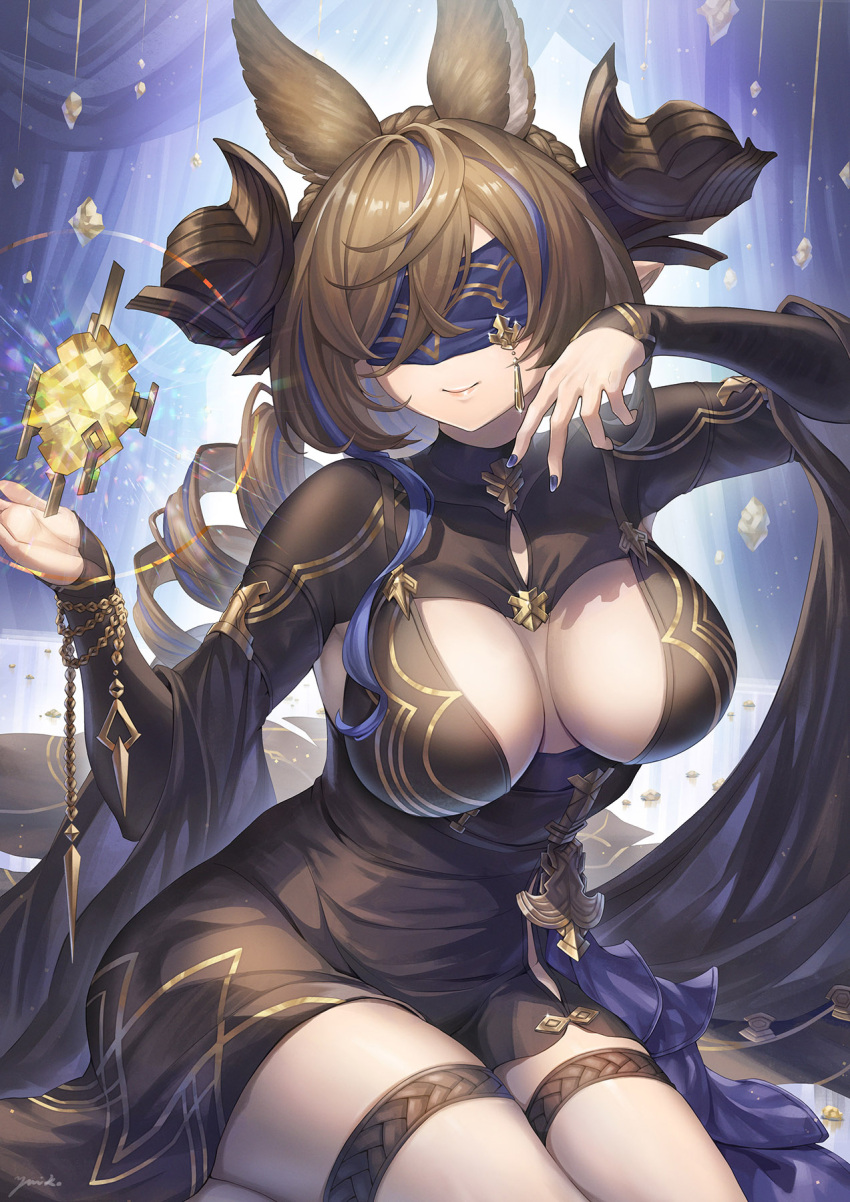 1girl animal_ears black_dress blindfold blue_blindfold blue_hair breasts brown_hair cleavage cleavage_cutout closed_mouth clothing_cutout dress drill_hair drill_ponytail extra_ears galleon_(granblue_fantasy) galleon_(life's_compassionate_observer)_(granblue_fantasy) granblue_fantasy highres horns large_breasts lips long_hair long_sleeves multicolored_hair official_alternate_costume pointy_ears purple_nails sitting smile solo streaked_hair thigh_strap thighs yuiko_(yuiyuiko_108)