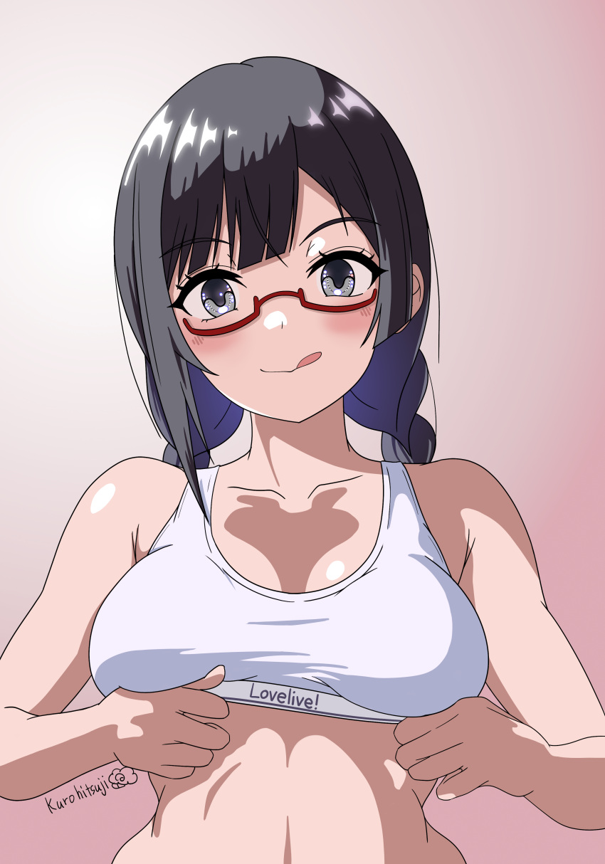1girl absurdres akiyama_(yehonatan) bare_shoulders black_hair blush braid breasts collarbone commentary_request crop_top cropped_shirt grey_eyes highres long_hair looking_at_viewer love_live! love_live!_nijigasaki_high_school_idol_club medium_breasts midriff pink_background red-framed_eyewear shirt simple_background sleeveless sleeveless_shirt smile solo stomach tongue tongue_out twin_braids upper_body yuuki_setsuna_(love_live!)