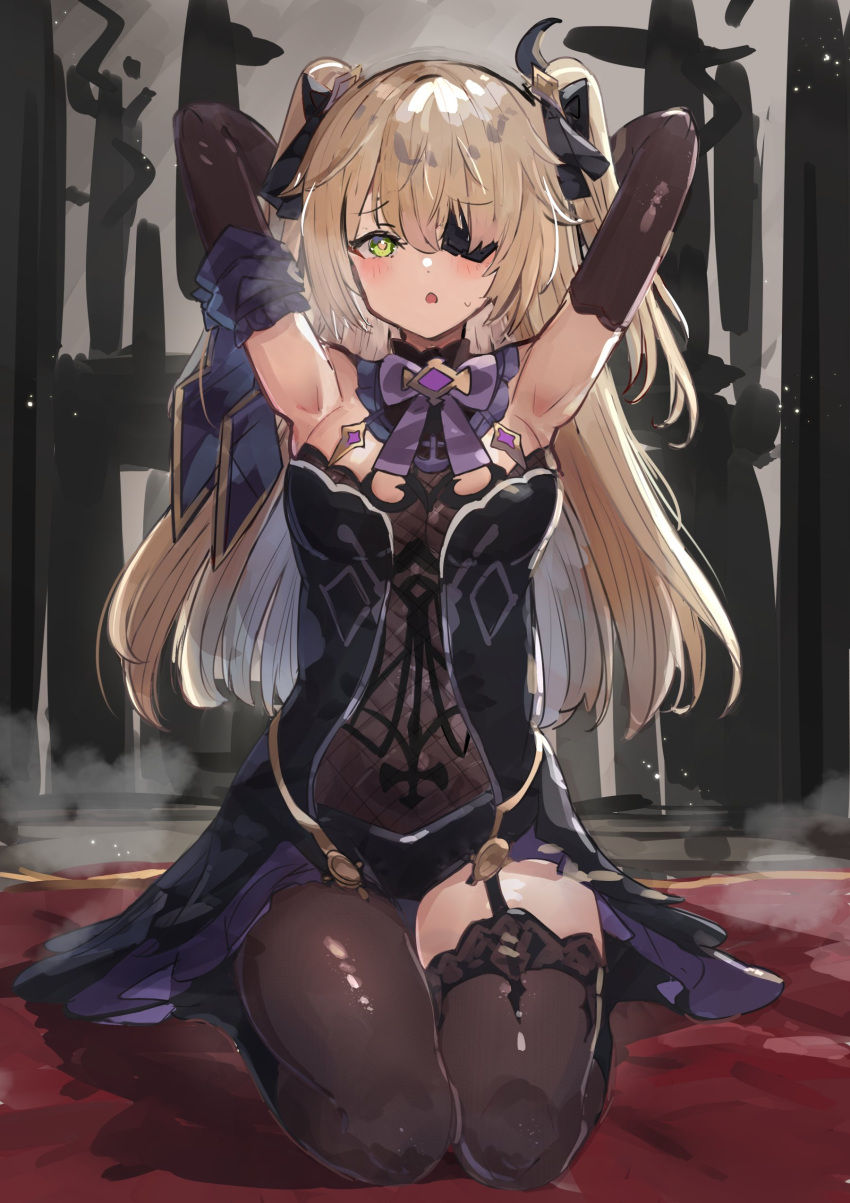 1girl absurdres bare_shoulders black_ribbon blonde_hair blush bow bowtie breasts collar eyepatch fischl_(genshin_impact) genshin_impact green_eyes hair_over_one_eye hair_ribbon highres kneeling leotard long_hair looking_at_viewer medium_breasts open_mouth purple_bow purple_bowtie ribbon single_thighhigh solo the_olphy thighhighs two_side_up