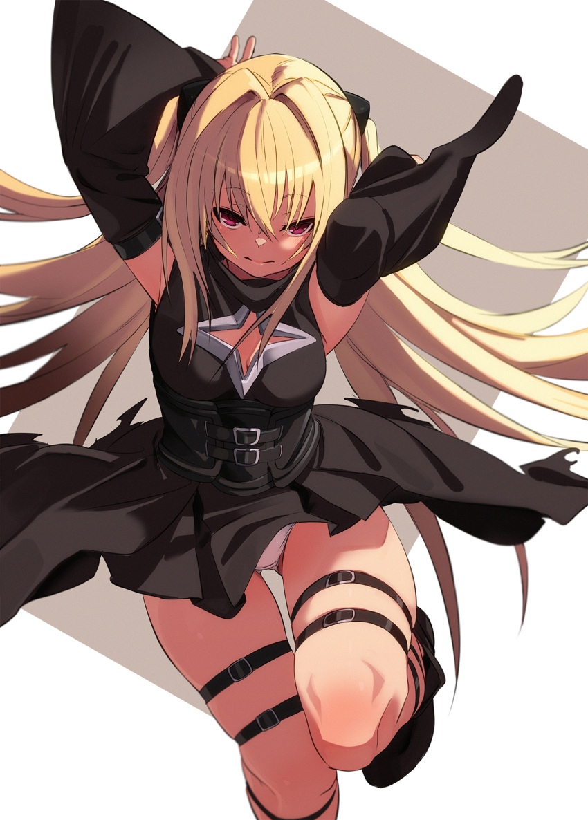 1girl arms_up black_dress black_sleeves blonde_hair breasts closed_mouth detached_sleeves dress fu-ta hair_intakes highres knees konjiki_no_yami long_hair looking_at_viewer panties pantyshot red_eyes simple_background small_breasts solo star_cutout thigh_strap to_love-ru two_side_up underwear upskirt very_long_hair white_panties