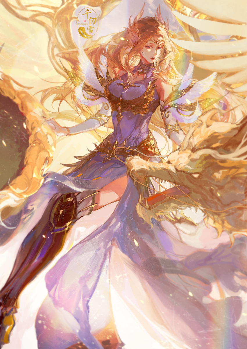 1girl absurdres armor armored_boots armored_dress artist_request bare_shoulders blonde_hair boots closed_mouth detached_sleeves douluo_dalu dragon dress floating hair_ornament halo highres looking_down qian_renxue_(douluo_dalu) rainbow second-party_source smile solo white_dress wings