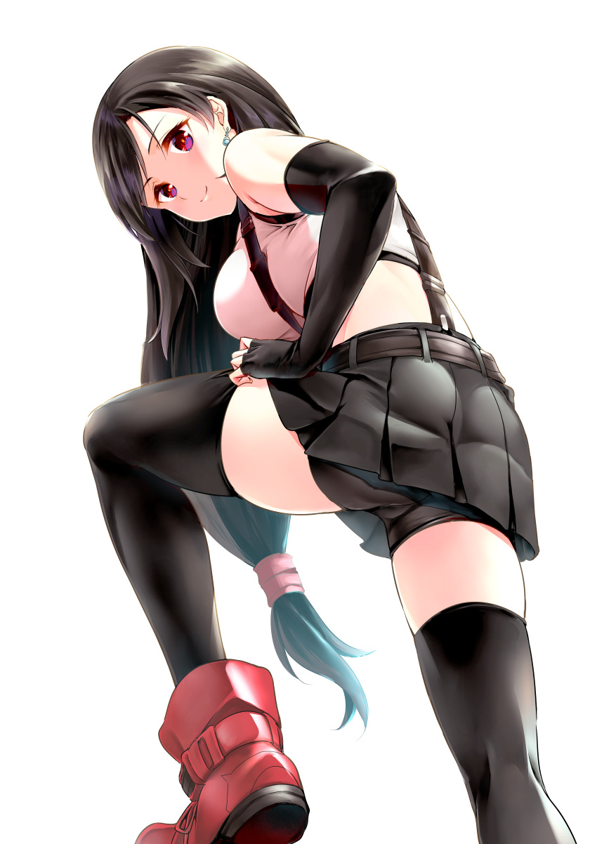 1girl absurdres bare_shoulders bike_shorts black_hair blush breasts closed_mouth crop_top earrings elbow_gloves final_fantasy final_fantasy_vii final_fantasy_vii_remake fingerless_gloves gloves highres jewelry large_breasts leg_up long_hair looking_at_viewer low-tied_long_hair makishima_rin red_eyes shorts shorts_under_skirt simple_background skirt smile solo suspender_skirt suspenders tank_top thighhighs tifa_lockhart upskirt white_background