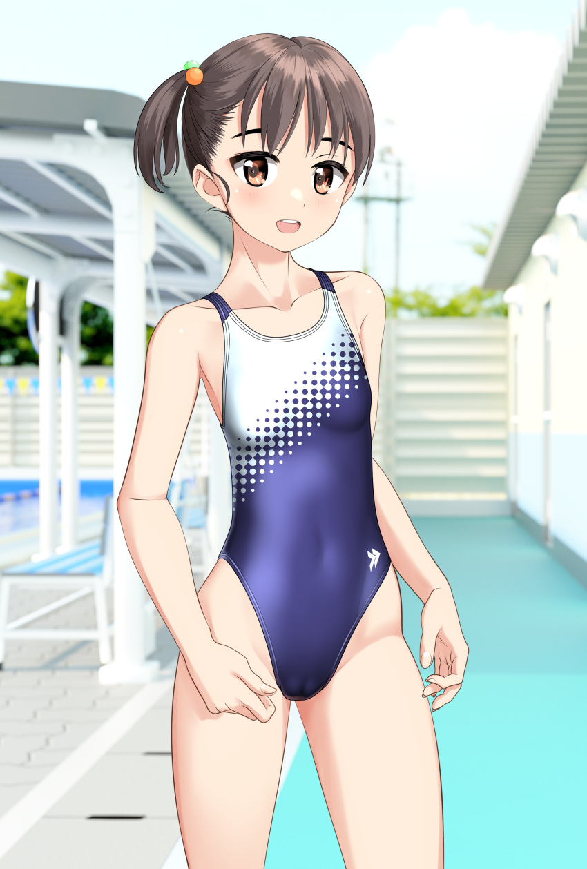 1girl absurdres black_hair black_one-piece_swimsuit brown_eyes collarbone commentary_request competition_swimsuit contrapposto covered_navel highleg highleg_swimsuit highres indoors one-piece_swimsuit open_mouth original poolside round_teeth school_swimsuit screentones short_hair side_ponytail solo stairs standing swimsuit takafumi teeth two-tone_swimsuit upper_teeth_only variant_set