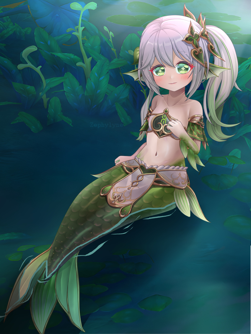 1girl absurdres bare_arms breasts genshin_impact green_eyes green_hair hair_ornament highres lily_pad looking_at_viewer medium_breasts mermaid monster_girl monsterification multicolored_hair nahida_(genshin_impact) pond side_ponytail solo stomach two-tone_hair webbed_hands white_hair zephylyne