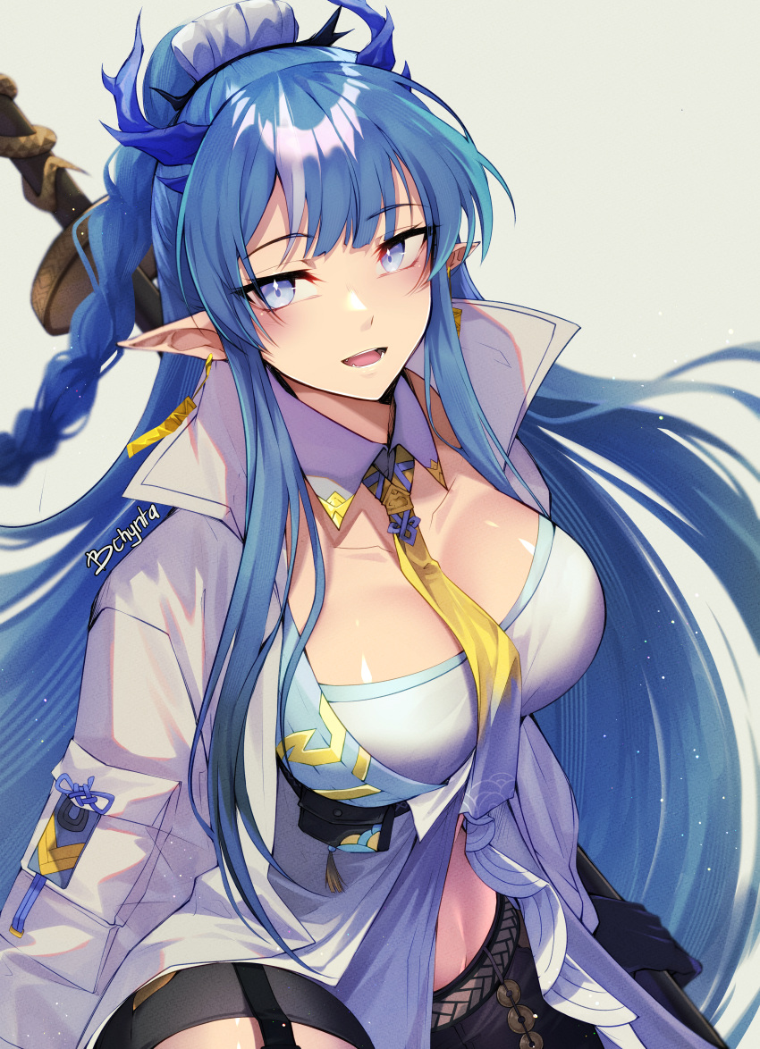 1girl absurdres arknights artist_name bchynta black_gloves black_shorts blue_eyes blue_hair blush braid breasts collarbone collared_jacket commentary crop_top detached_collar dragon_horns earrings fang fangs gloves hair_ornament highres holding holding_weapon horns jacket jewelry large_breasts ling_(arknights) long_hair long_sleeves looking_to_the_side necktie open_clothes open_jacket open_mouth pocket pointy_ears short_shorts shorts sidelocks simple_background single_braid smile solo standing symbol_in_eye tassel teeth tongue weapon white_background white_jacket wing_collar yellow_necktie